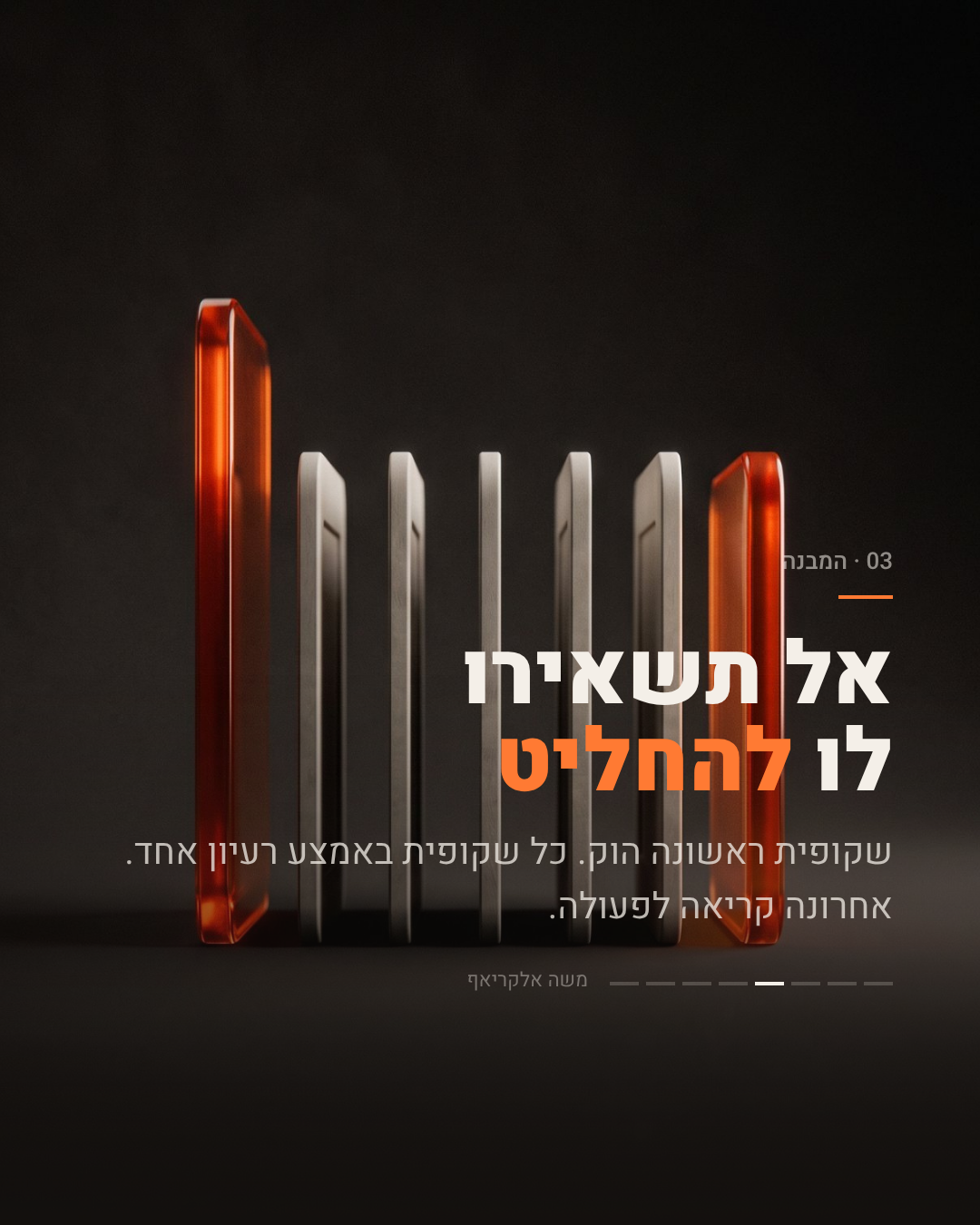 שקופית 03, המבנה: שורת כרטיסים דמויי טלפון עם שני כרטיסים כתומים בקצוות. הכיתוב: אל תשאירו לו להחליט - שקופית ראשונה הוק, שקופיות באמצע רעיון אחד, אחרונה קריאה לפעולה.